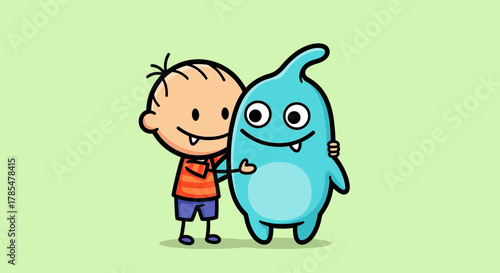 A cartoon boy hugging a blue monster with fangs on a light green background in a cartoon style