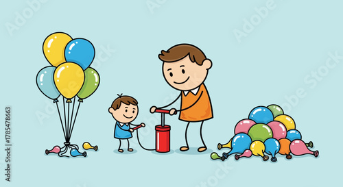 Cartoon illustration of a father and son inflating balloons with hand pumps on a light blue background