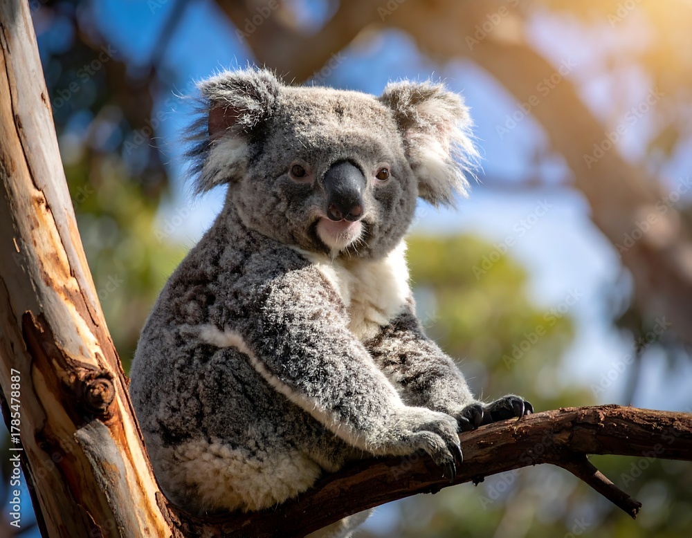 Fototapeta premium Close-up of a koala bear perched on a tree branch, sunny backdrop