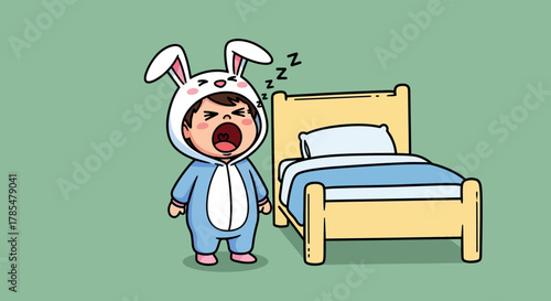 Cartoon of a yawning child in a bunny costume standing next to a bed with zzz symbols above head
