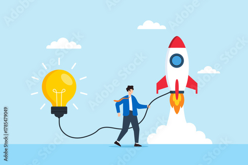 Flat illustration of businessman launching startup company by connecting lightbulb idea to rocket symbolizing innovation creativity entrepreneurship and business development