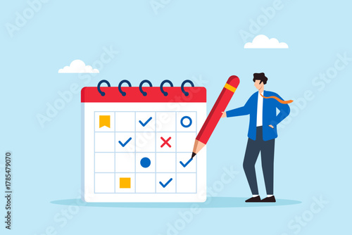 Flat illustration of businessman holding big pencil planning calendar schedule and organizing event meeting reminder while setting work deadline and reviewing weekly appointments