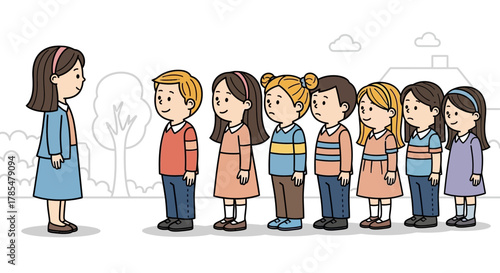 Cartoon illustration of a teacher standing in front of a line of children in an outdoor setting
