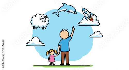 Father and daughter looking at clouds shaped like animals and a rocket in the sky illustration