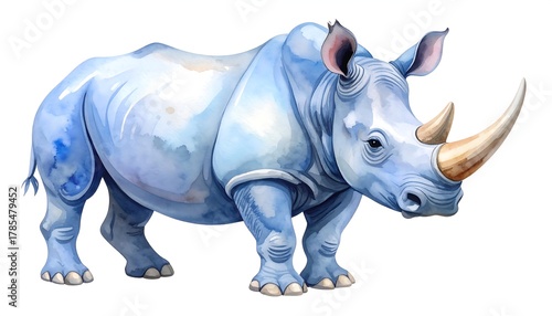 Watercolor illustration of a large, blue-toned rhinoceros