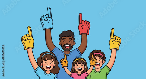 Illustration of a family with foam fingers pointing upwards against a light blue background
