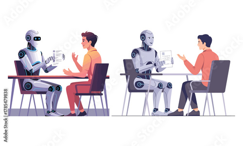 Human and ai robot interaction in a business interview or meeting scenario.