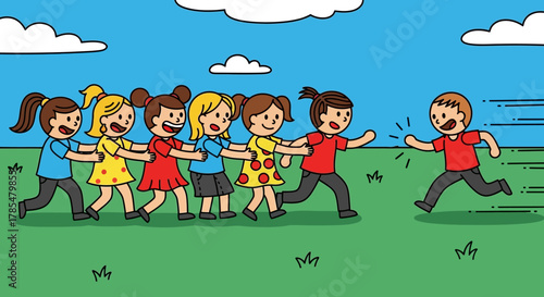 A group of children playing a game of tag outside on a sunny day with clouds in the sky cartoon style