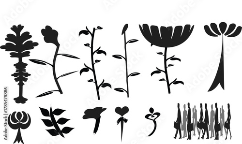 Vector Collection of Stylized Black Plant and Flower Silhouettes for Modern Organic Design Elements