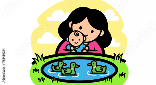Cartoon illustration of a mother holding a baby watching ducks in a pond in a sunny day