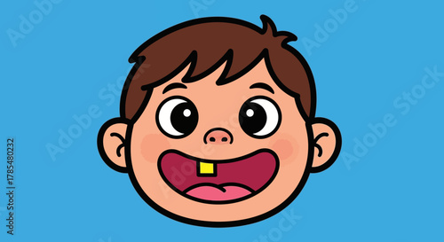 Cartoon boy with brown hair and a missing tooth smiling against a blue colored background image