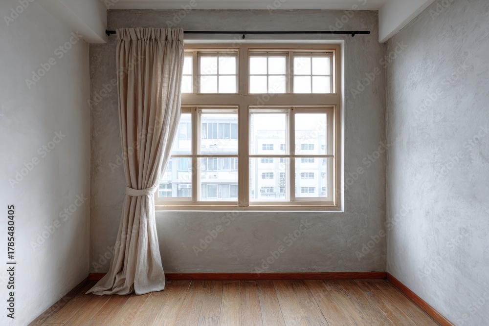 Fototapeta premium Neutral toned room with a large window and draped fabric.