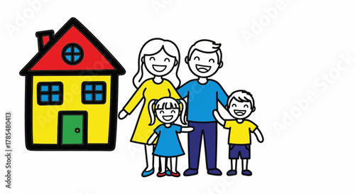 A cartoon drawing of a family of four standing in front of a colorful two story house with a red roof