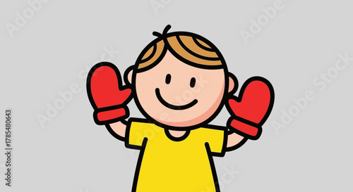 Cartoon boy with blonde hair wearing red boxing gloves and a yellow shirt on a gray background
