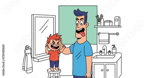 Cartoon of a father teasing his son in a bathroom with a mirror and sink on a white background