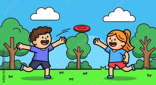 Cartoon illustration of children playing frisbee in a park with trees and clouds overhead