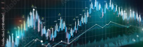 A ready to use background of financial charts and diagrams with contrasting blue lines representing declining rates and shares