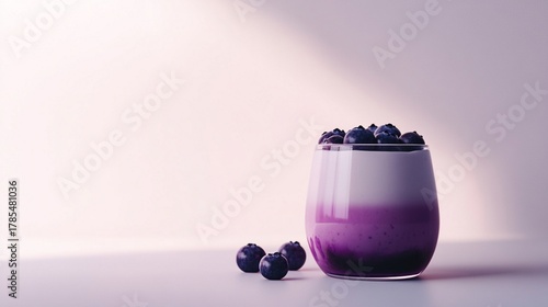 Greek yogurt served in a simple glass jar, topped blueberry, front view with bright natural lighting on white background.