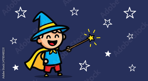 Cartoon wizard boy with blue hat and yellow cape holding a star wand on a starry dark blue background