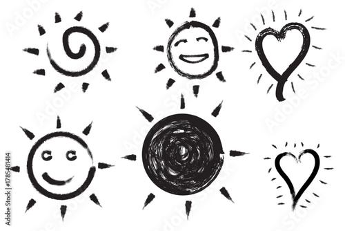Collection of vector black sun smile faces Hand drawn doodle smiling