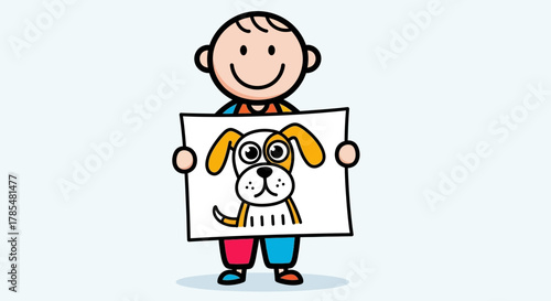 A cartoon boy holding up a drawing of a dog with orange ears against a white background illustration