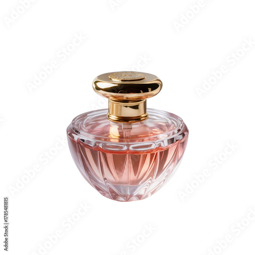 A luxurious glass perfume bottle with a golden cap