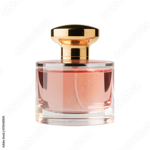 A luxurious glass perfume bottle with a golden cap