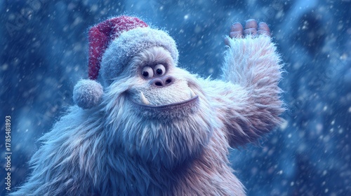 Happy Yeti Waving with Red Santa Hat on Snowy Background in Winter Wonderland