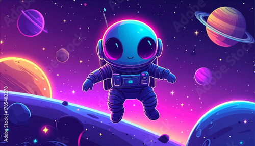 Cute astronaut floating among neon planets in deep space. Adorable space explorer in glowing colorful galaxy scene. Smiling astronaut flying through stars and neon planets