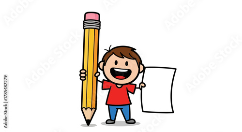 Cartoon boy holding a large pencil and a blank sheet of paper with a happy expression on his face