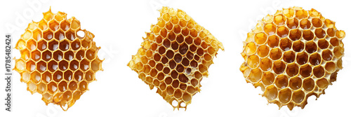 A trio of honeycomb pieces in various shapes and angles showcasing their intricate hexagonal pattern and golden hue