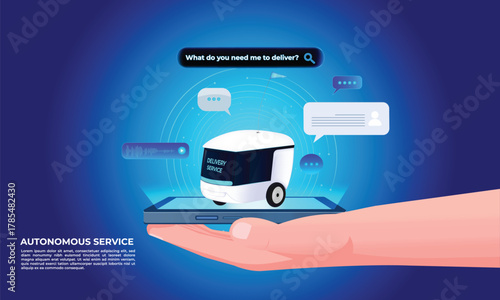Template for fast and reliable delivery service powered by AI-driven virtual assistant. Futuristic chatbot design for smartphones that streamlines orders and tracks food or products in real time. Tech