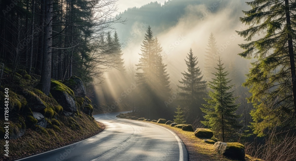 Naklejka premium Scenic winding road through a misty forest sunbeams filtering through the trees creating a peaceful and atmospheric landscape