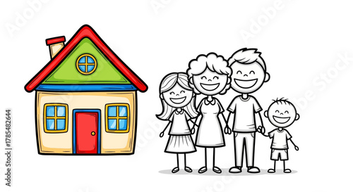 Cartoon illustration of a house with a family of four standing beside it smiling happily