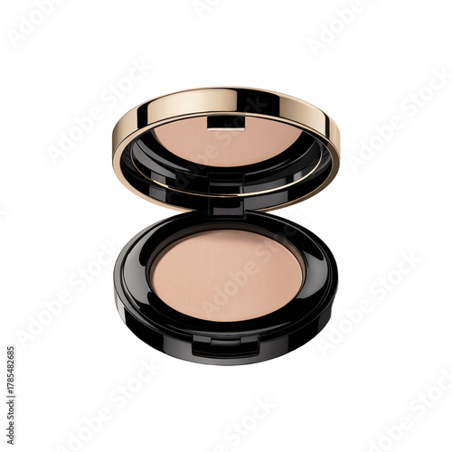 A round compact powder case with a golden rim and black glossy body