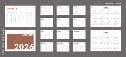 2026 Calendar Planner Set of Template grid Monthly Page, Cover with Place for Photo, Company Logo, Annual 2026, 2027. Vector layout of wall or desk organizer ready print. Week start Monday. Pages A4