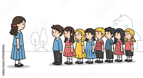 Cartoon illustration of a girl in front of a line of children in an outdoor setting with a house
