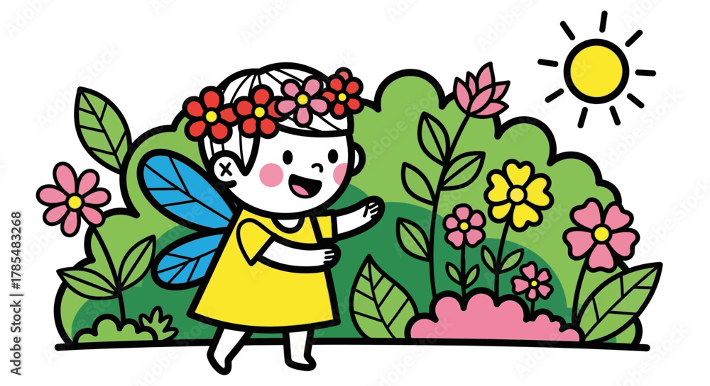 Fototapeta premium Cartoon fairy with flower crown in a garden under a bright sun with green bushes and colorful flowers