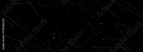 Scratched overlay texture. Old grainy photo filter background with particles, fibers and flecks. Black dusty damaged film wallpaper. Weathered rough distressed backdrop. Vector grunge gritty surface