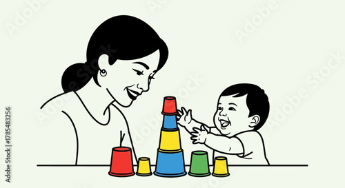 Mother and baby playing with colorful stacking cups on a table in a simple line drawing style