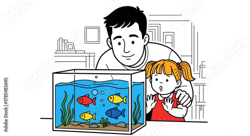 Father and daughter looking at a fish tank with colorful fish and plants in a simple line drawing style