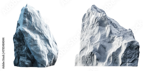 Two icebergs are side by side against a neutral backdrop, exhibiting their natural and imposing structures. The composition highlights the intricate textures of the ice.