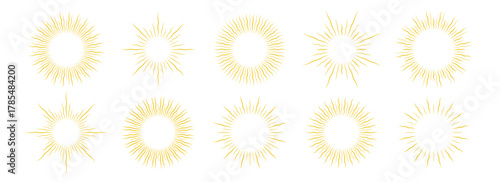 Gold wavy sunburst frame set. Golden curly radial sun light border collection. Retro royal sun beams or rays pack for cadre, decor, mirror, label, badge, emblem. Vector gilded vintage round boarders