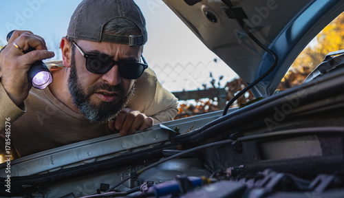 Man inspects car engine with flashlight in outdoor setting