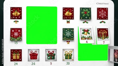 Interactive Holiday Reveals with christmas advent calendar window to green screen 24 illustrated windows animate open chroma distortion, overlay, glitch, static noise, scan lines on black background