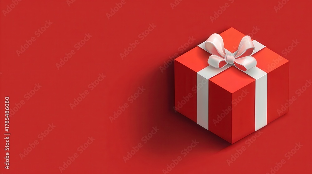 Fototapeta premium Red Gift Box with White Ribbon on Red Background