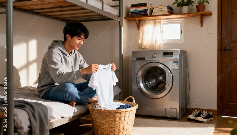 Obraz premium Young Asian man folding laundry in a cozy room with a washing machine and a basket of clothes. Natural light illuminates the space.