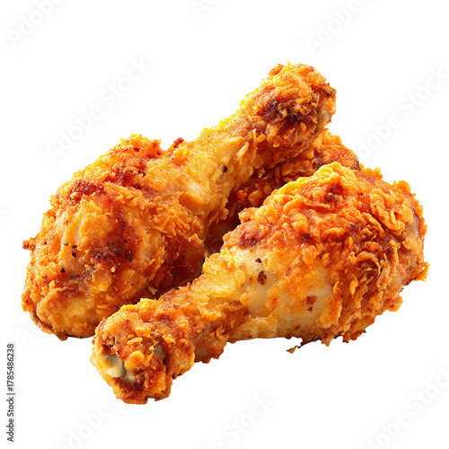 Two crispy fried chicken drumsticks isolated on transparent background