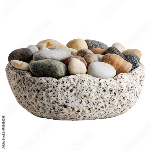 Bowl filled with smooth river stones isolated on transparent background