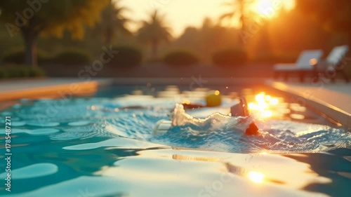 Golden hour swim with a trophy sparkling beside the pool, a moment of victory and relaxation, perfect for sports, achievement, or lifestyle brands